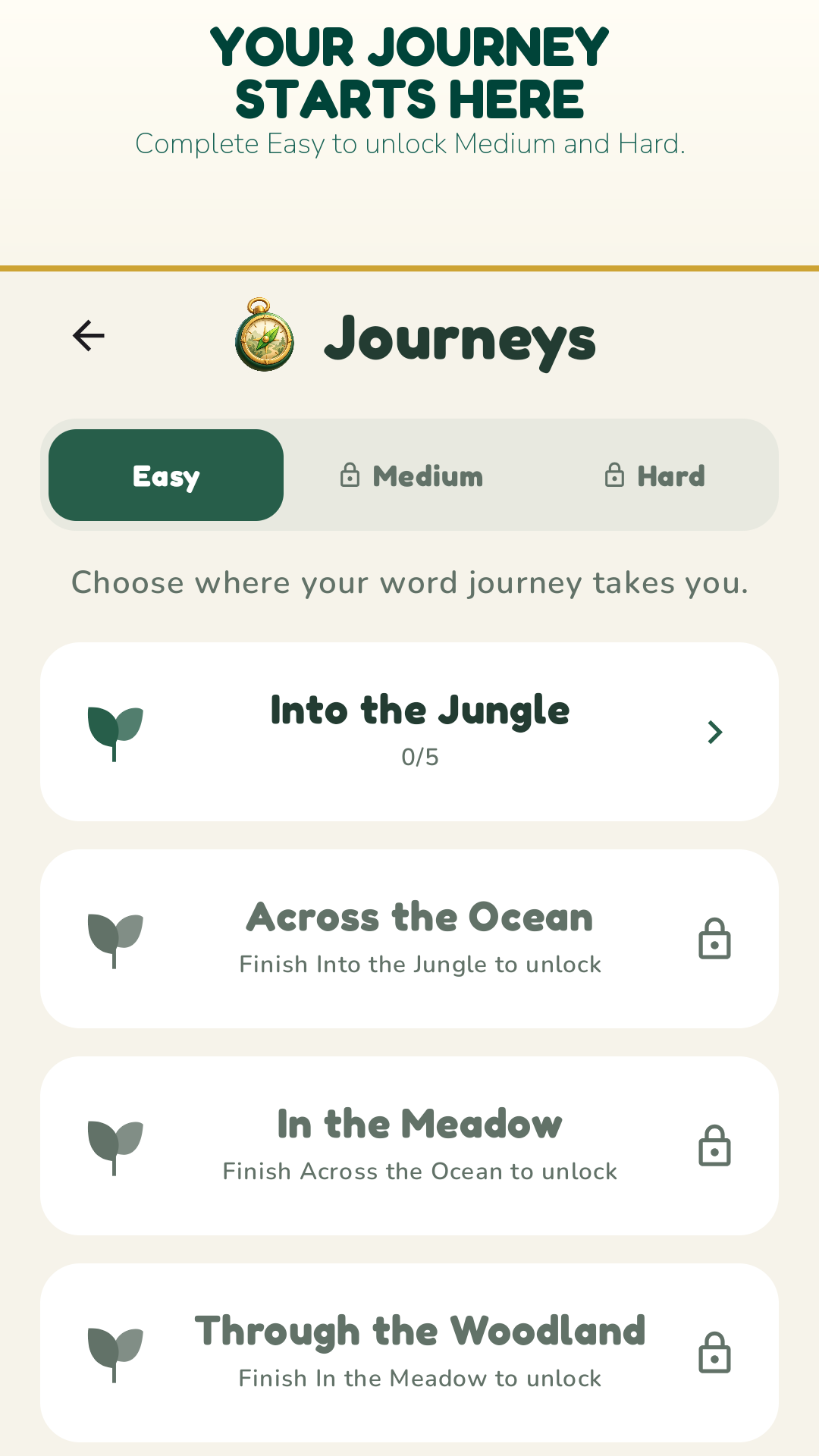 Journey chapters in Words Grove