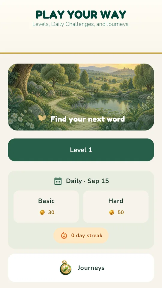 Words Grove home screen with daily and journey choices